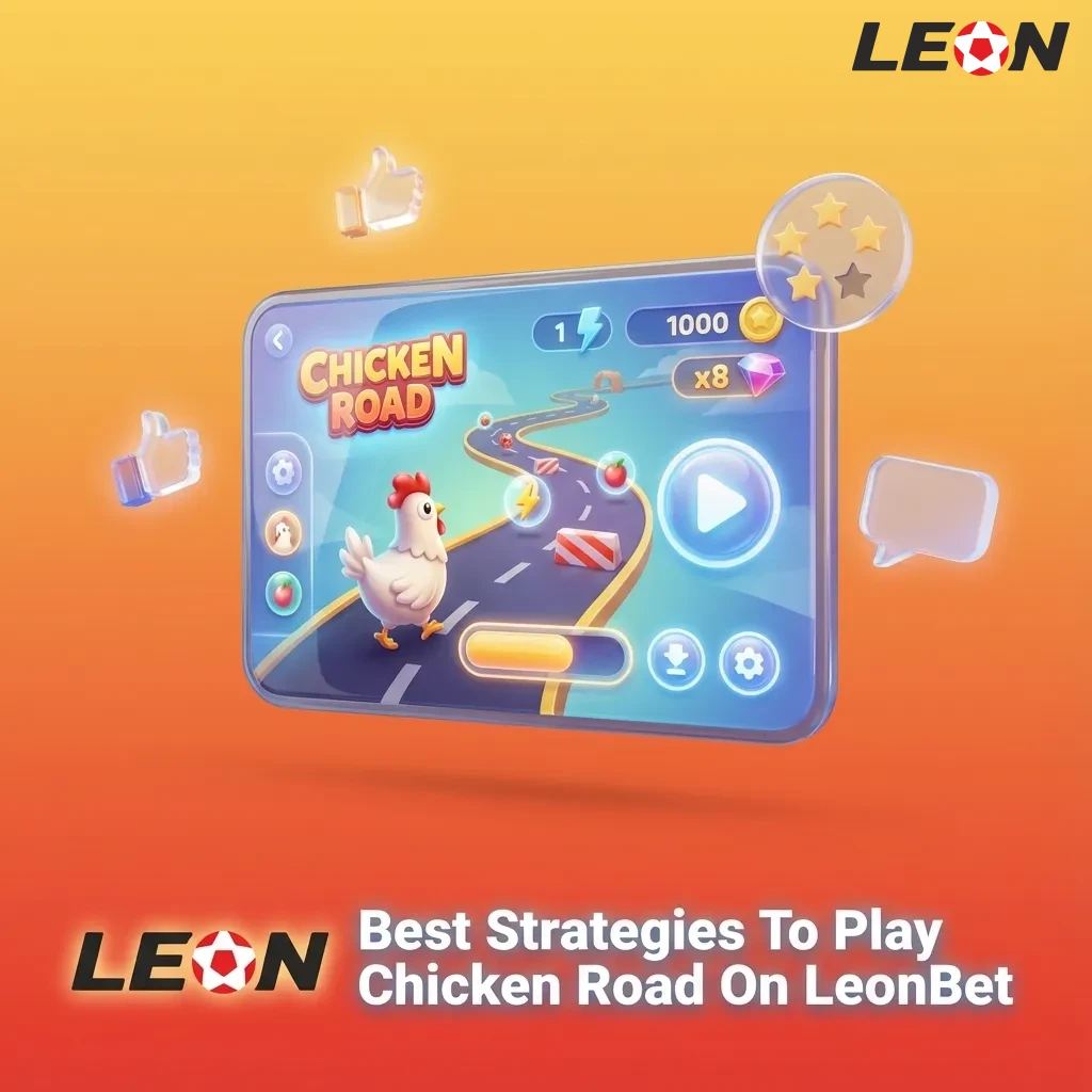 Infographic titled “Best Strategies To Play Chicken Road On LeonBet” showing tips on small multipliers, bankroll limits, and auto cash out