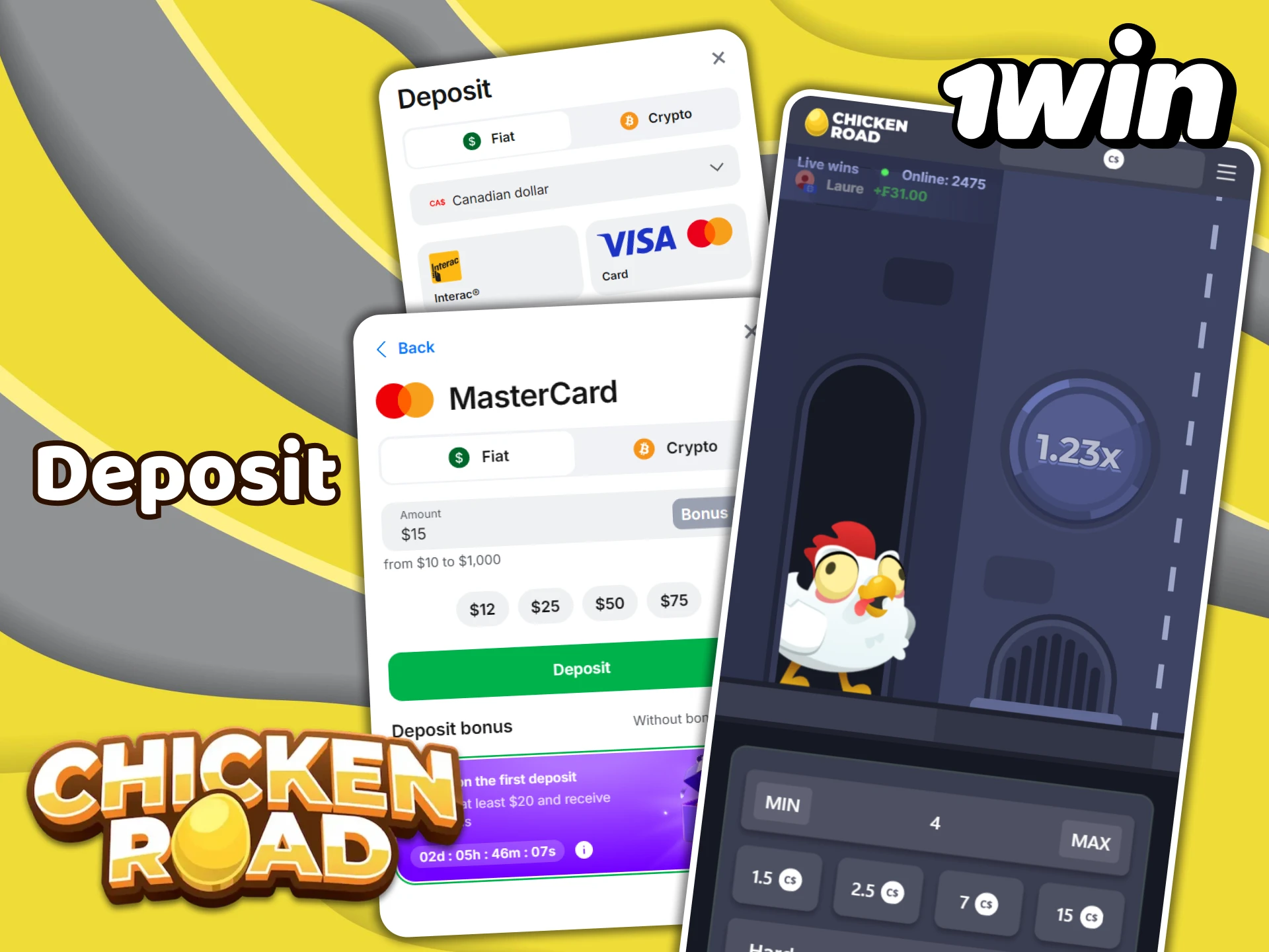 Make a quick deposit to your 1Win account and start playing Chicken Road.