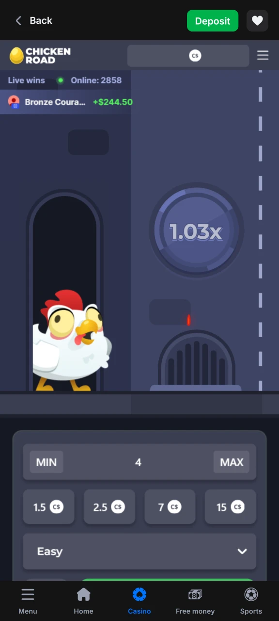 Find Chicken Road in the 1Win casino section and start the game.