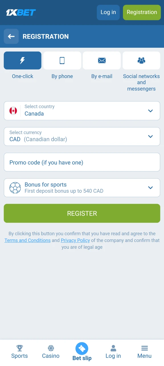 Select a registration method and create a 1XBet account.