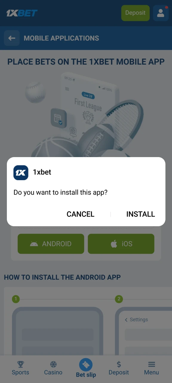 Start the installation of the casino app after downloading.