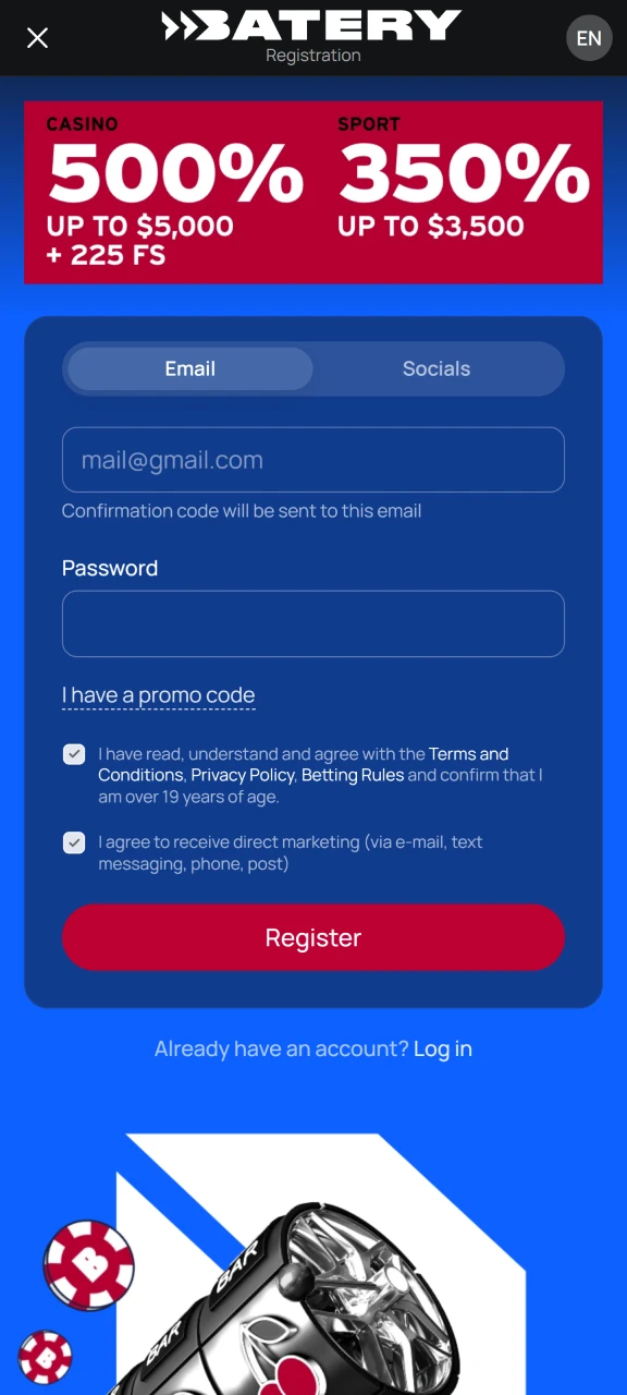 Register on the Batery website using your email and password.