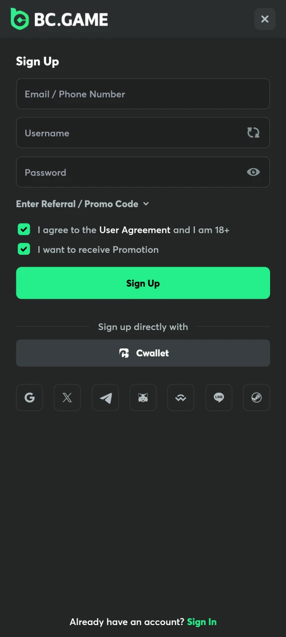 Enter your email, username, and password to create a BC Game account.