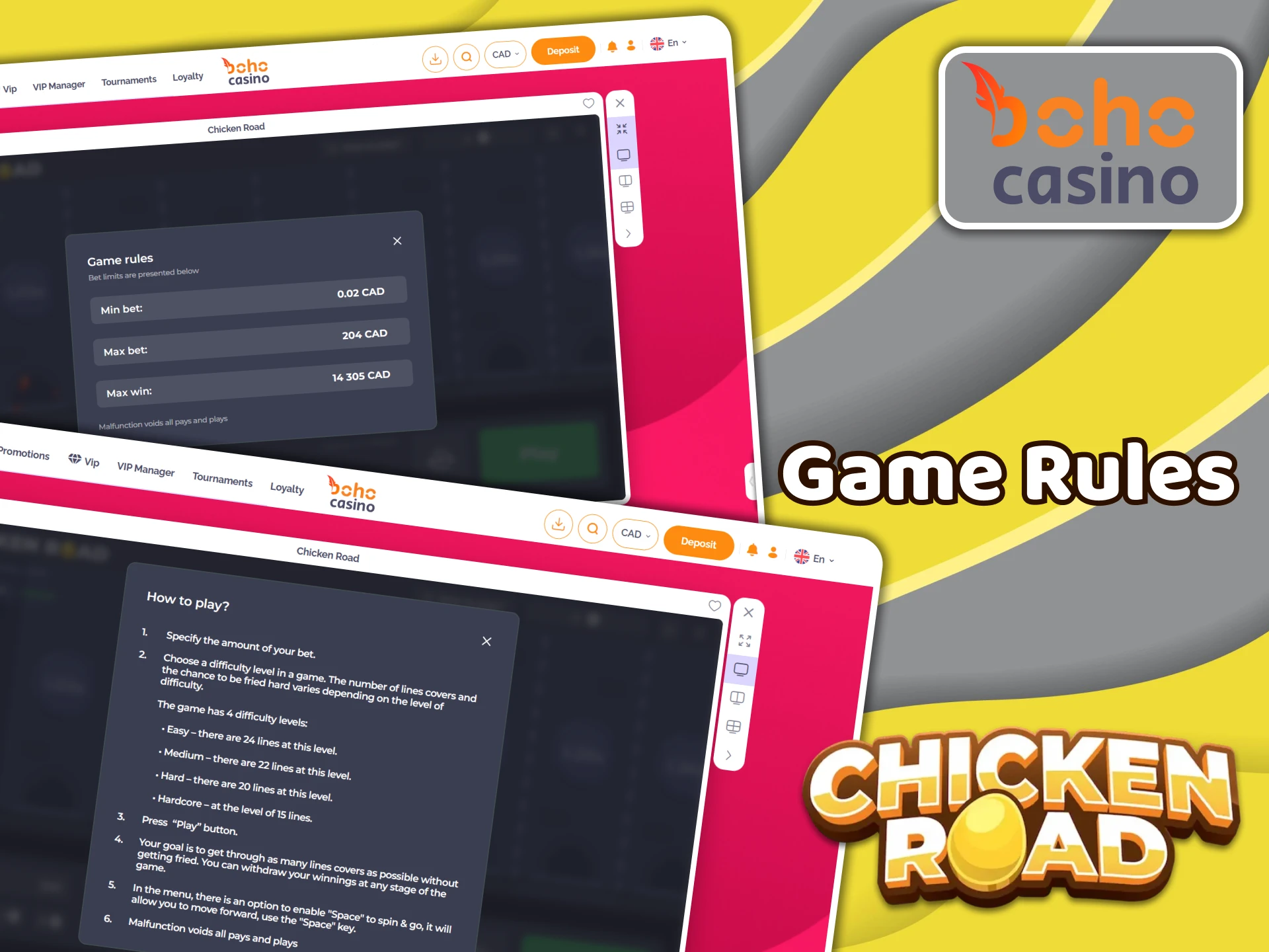Read the Chicken Road casino game rules at Boho Casino.