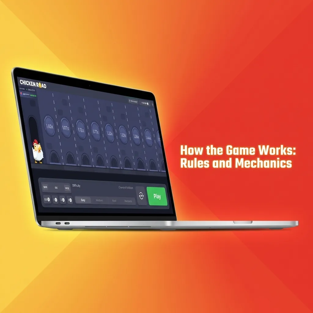 Chicken crossing road with rising multiplier display showing game rules and cash-out mechanics