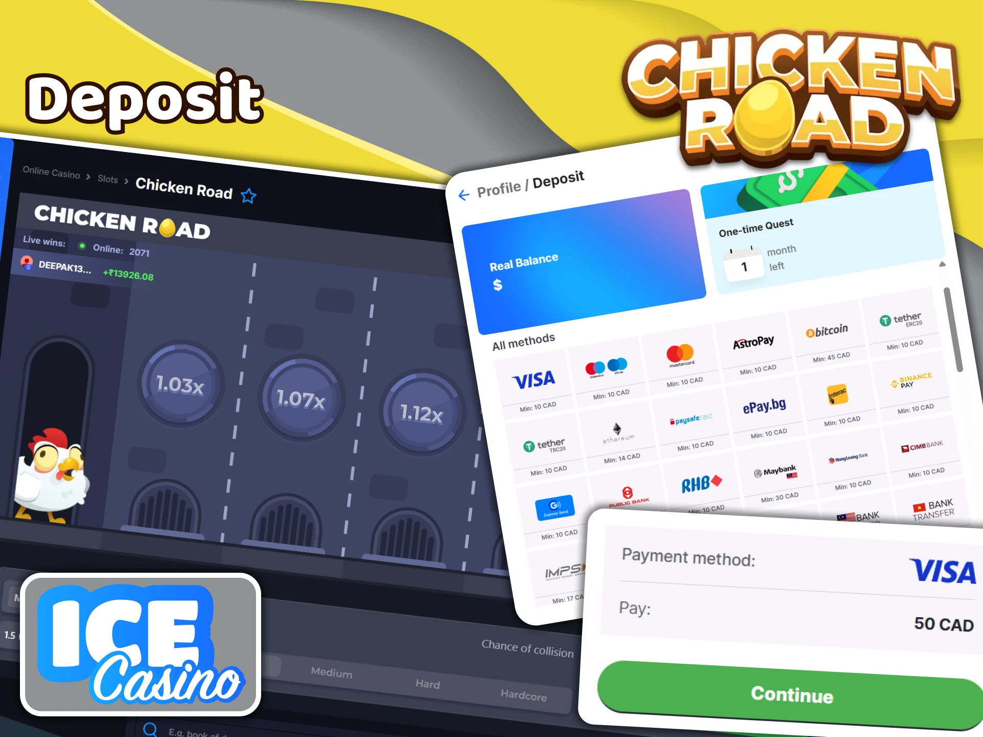 Enter the amount and confirm a deposit at Ice Casino.