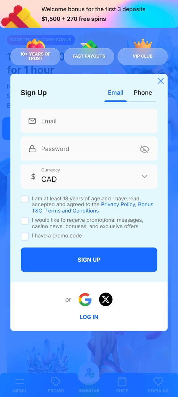 Create an account, if you don't have one yet, at Ice Casino.