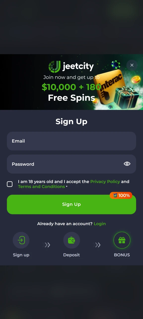 Enter your email and password to register at JeetCity.