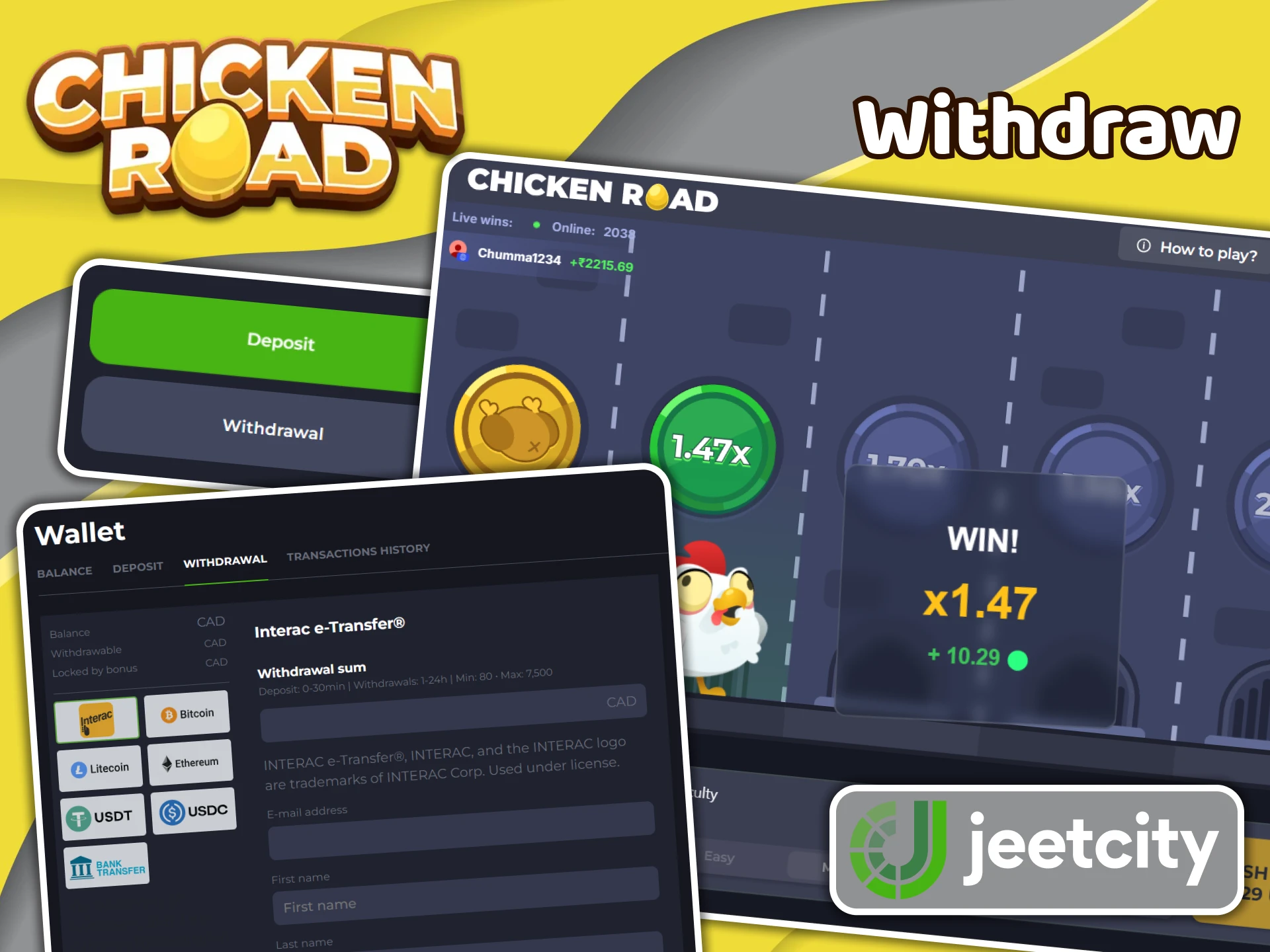 Open the withdrawal page at JeetCity and get your Chicken Road winnings.