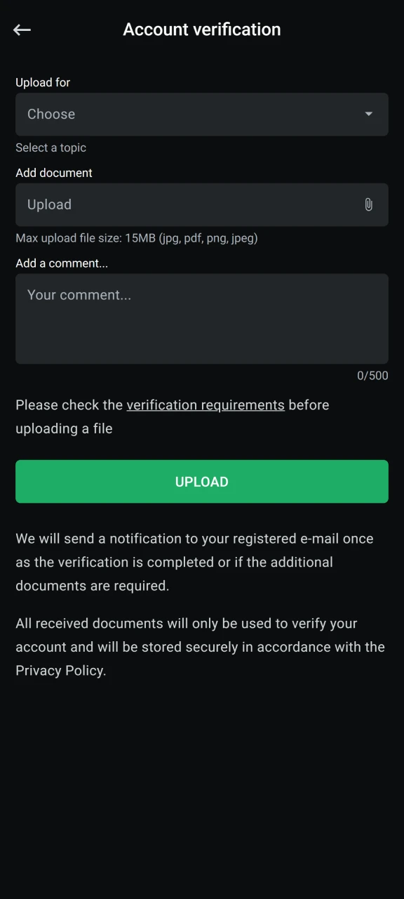 Upload documents to verify your Leonbet account.