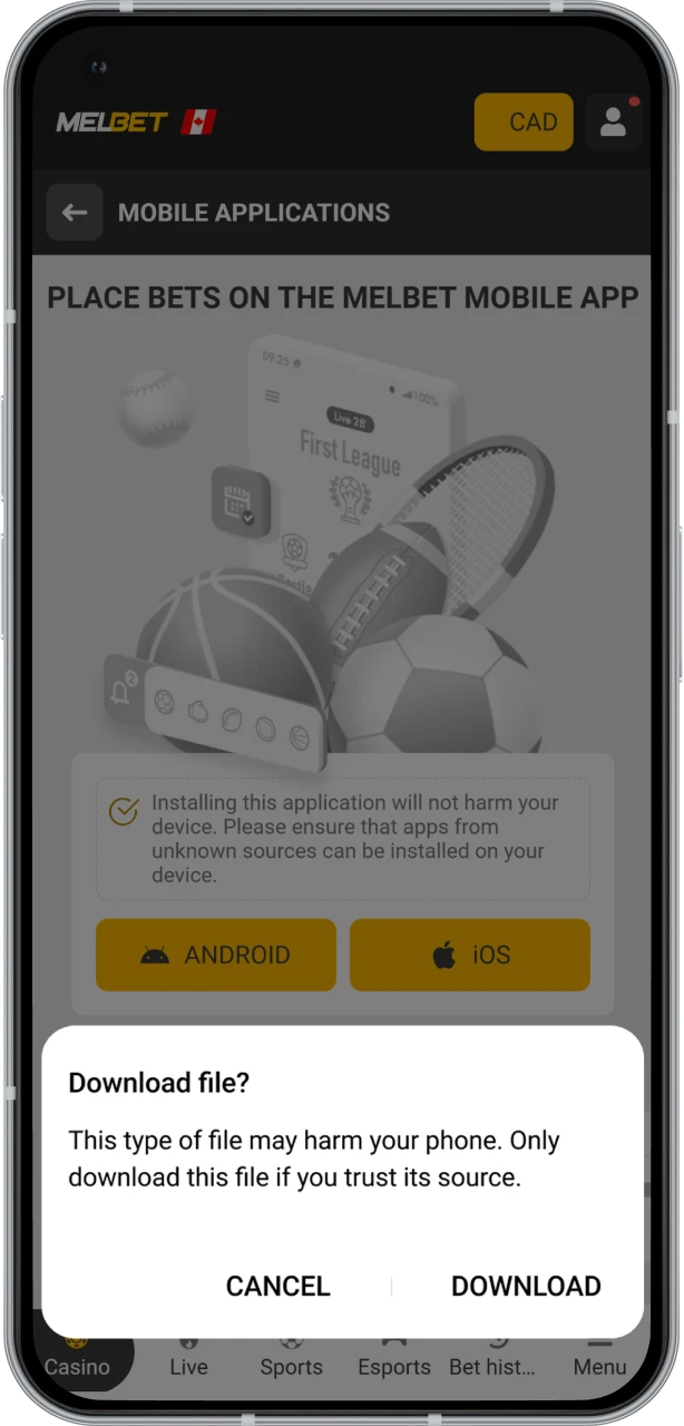 Click on the download button to download the Melbet APK file.
