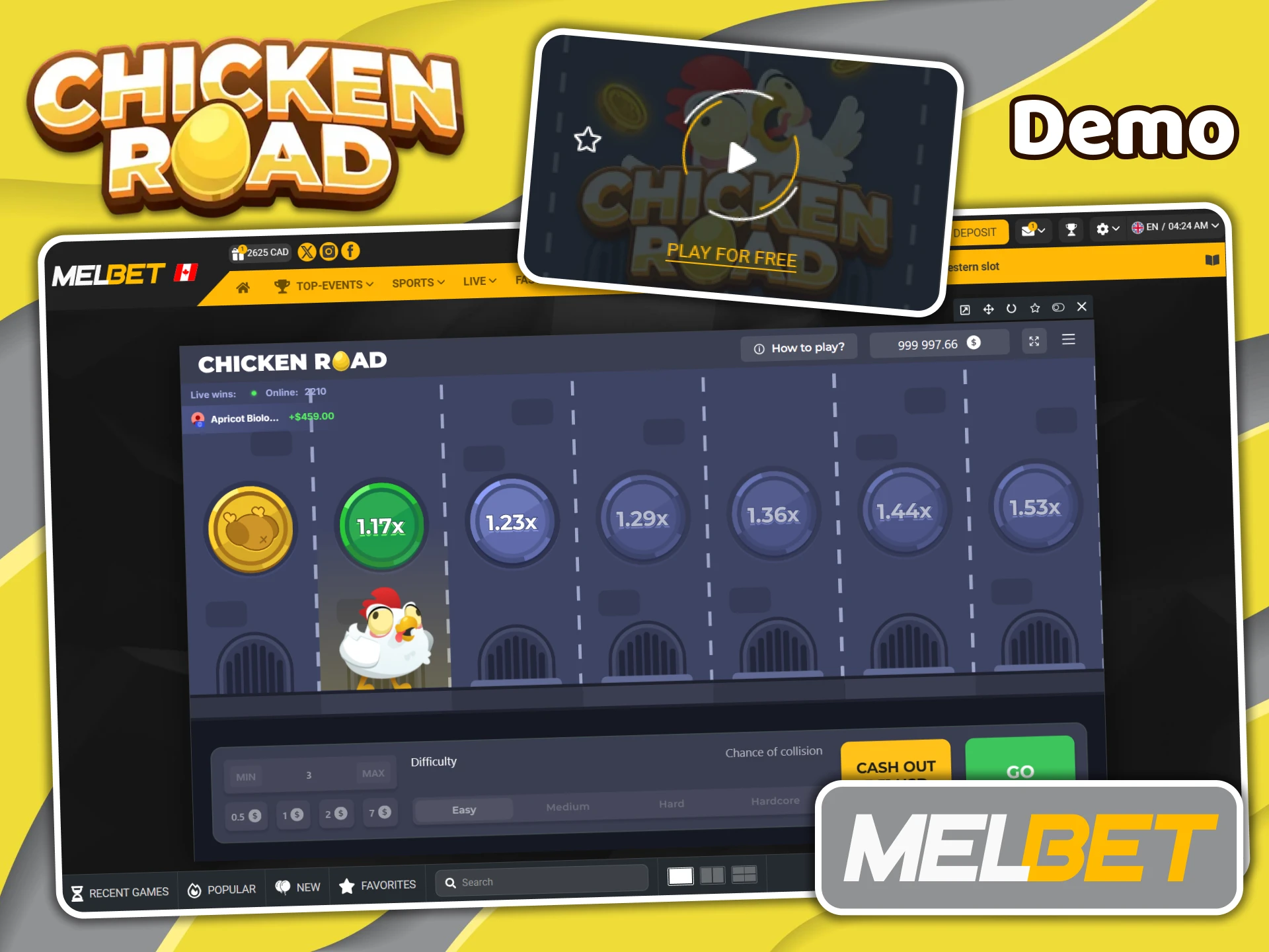 Try the demo version of Chicken Road, which is available on the Melbet website.