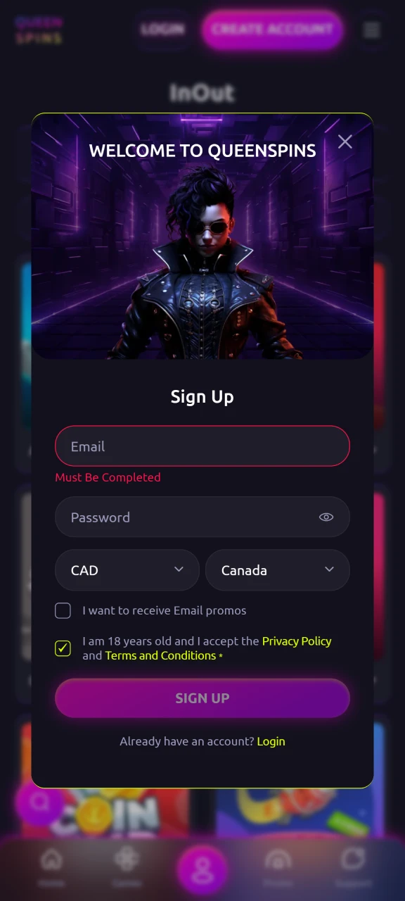 Register your account on the Queenspins platform.