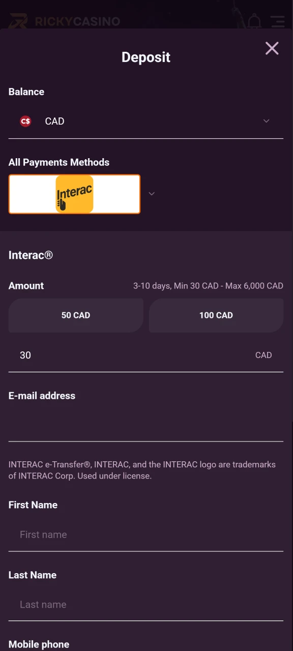 Add money to your account on the Ricky Casino website.