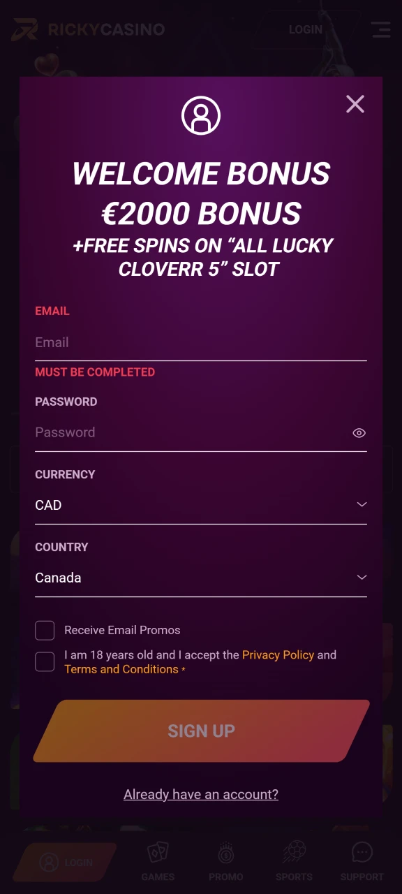 Start the registration process at Ricky Casino.