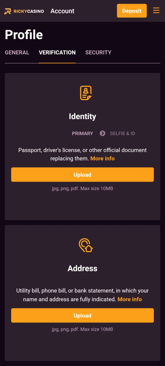 Complete the verification of Ricky Casino account.