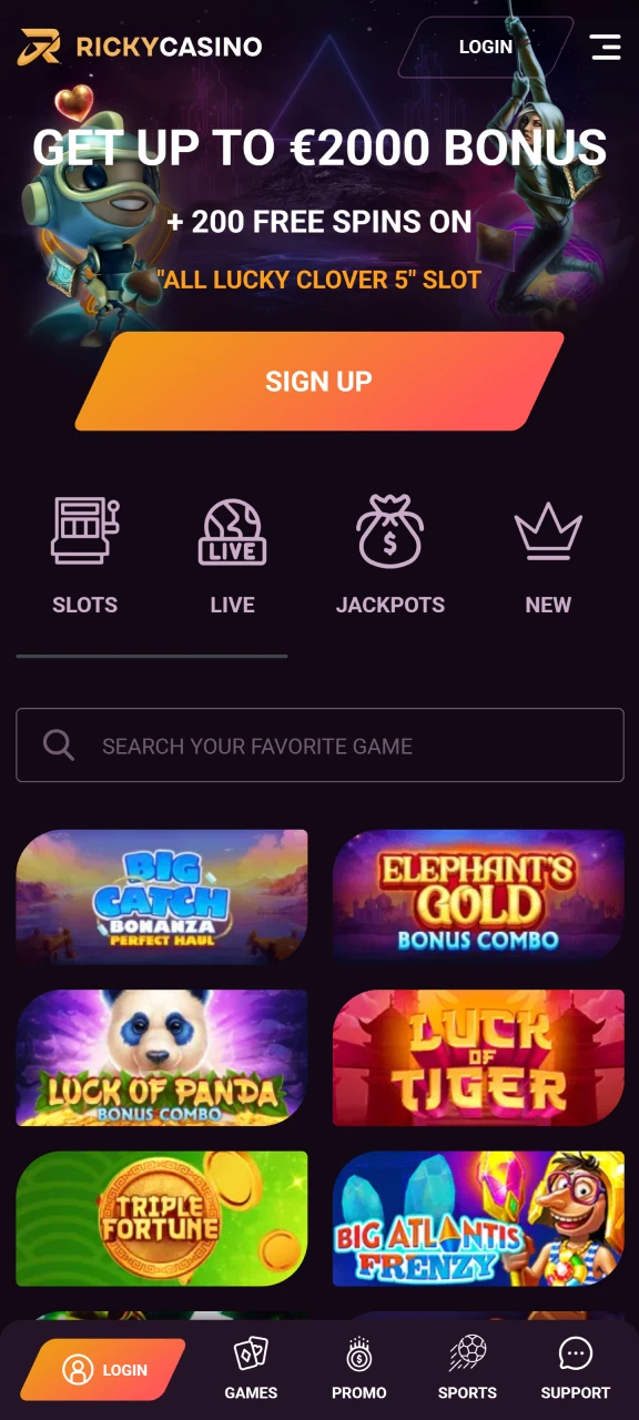 Open the offiial Ricky Casino website in Canada.