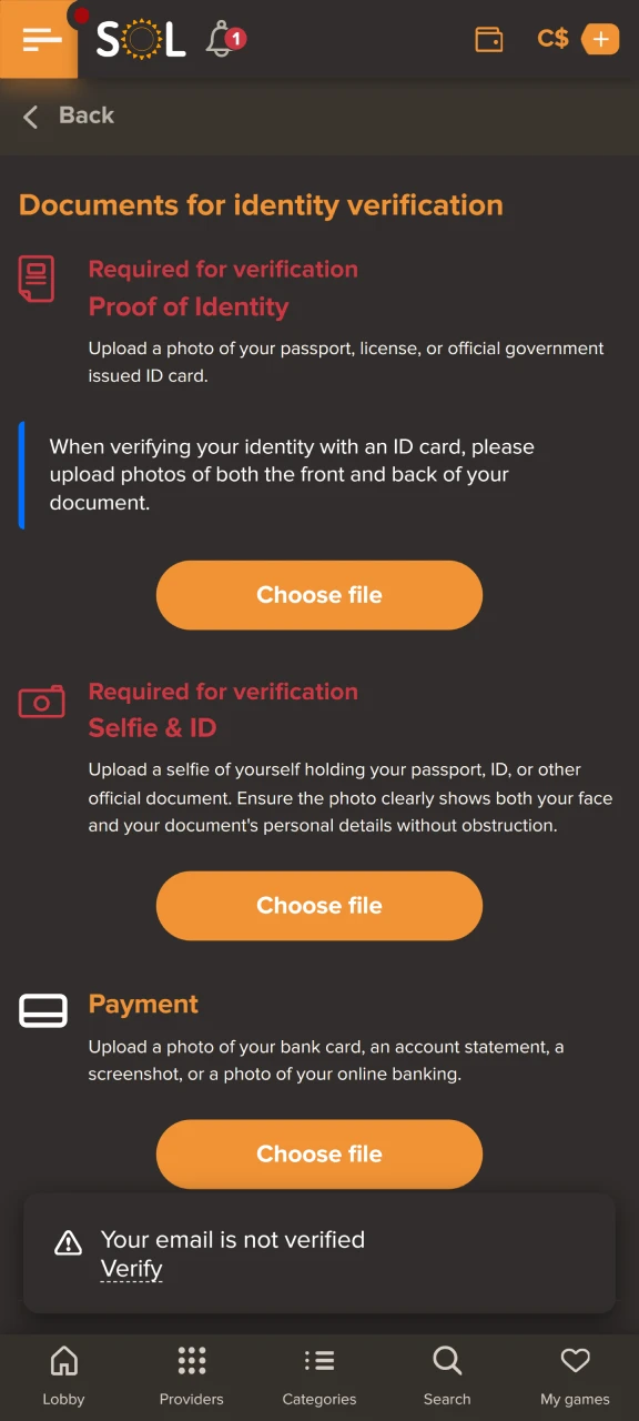 Choose your identification documents to verify your SOL Casino account.