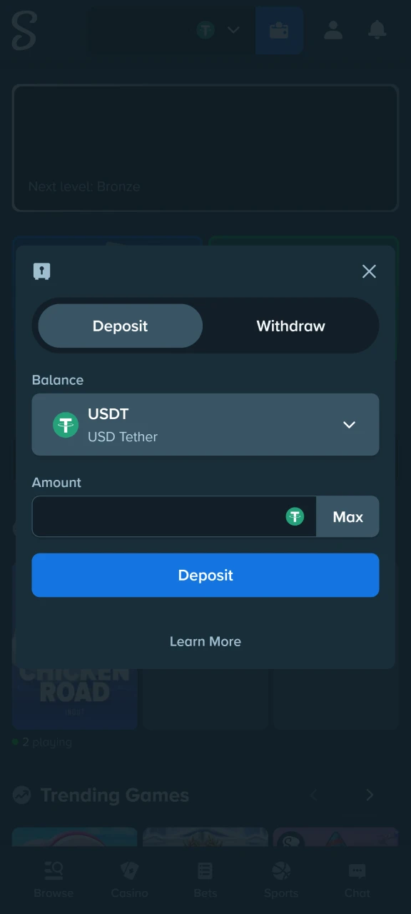 Make a deposit to your Stake account in a few clicks.