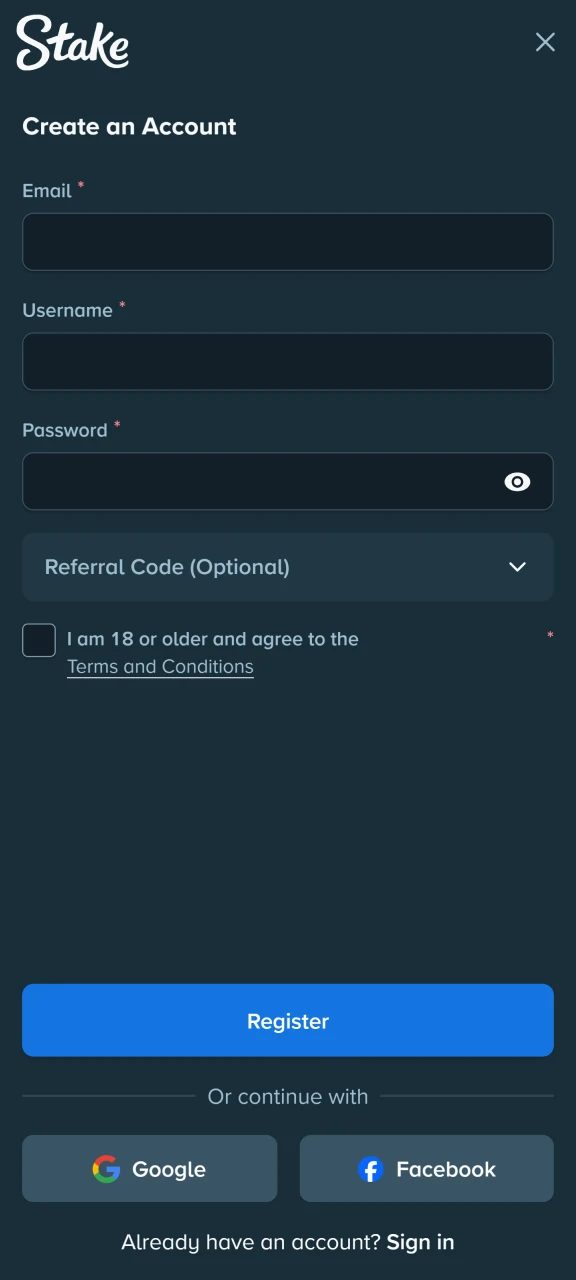 Create your Stake account using email and a strong password.