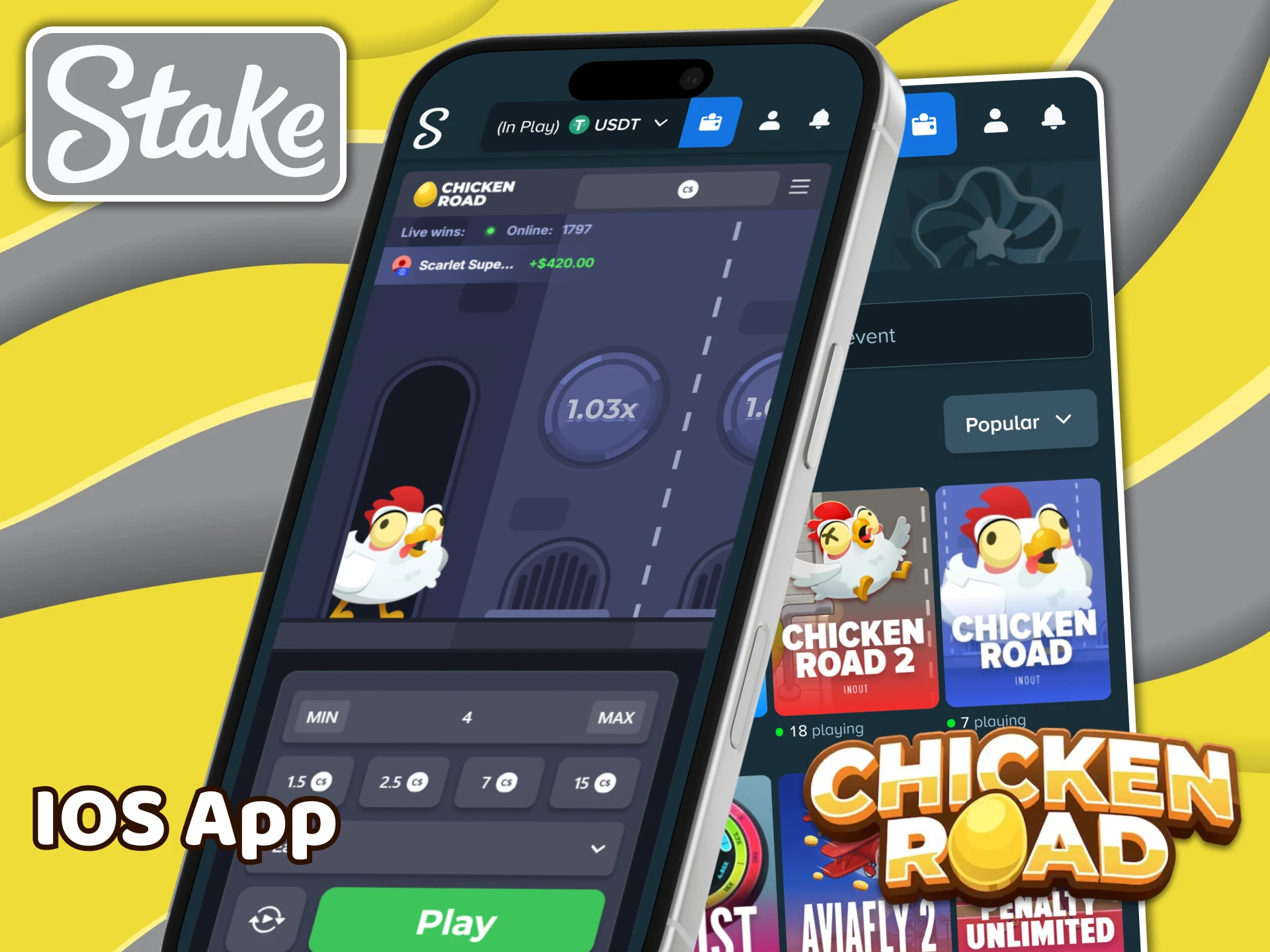 Install the iOS app of Stake for the Chicken Road game.