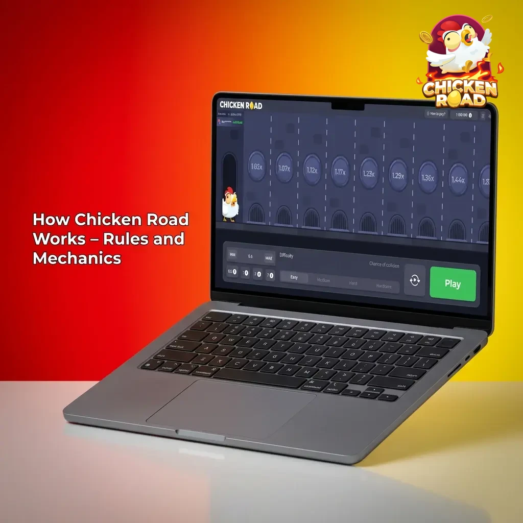 Cartoon chicken jumping over frying pans on a path, with a rising multiplier display showing increasing win potential.