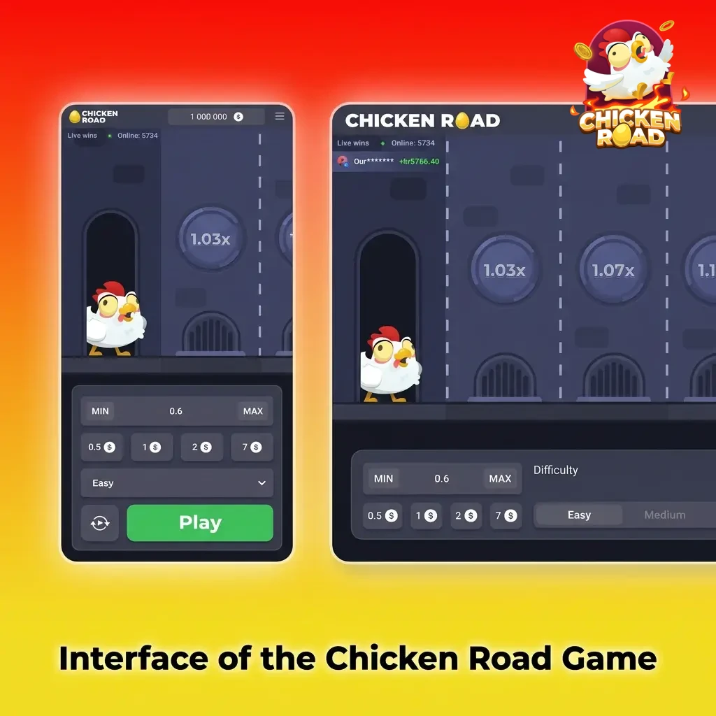 Chicken Road game interface showing bet input, cashout button, live multiplier, and animated chicken and frying pan visuals.